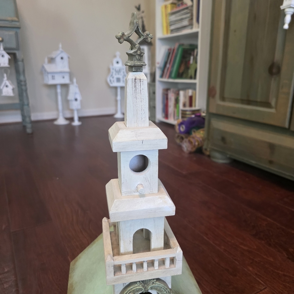 Decorative White and  Sage Green Wooden Birdhouse Accent. Wood And Tall - Picture 5 of 5